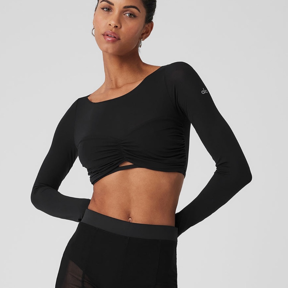Alo Mesh Sheer Illusion Cropped Long Sleeve Black Size Small - Picture 4 of 8